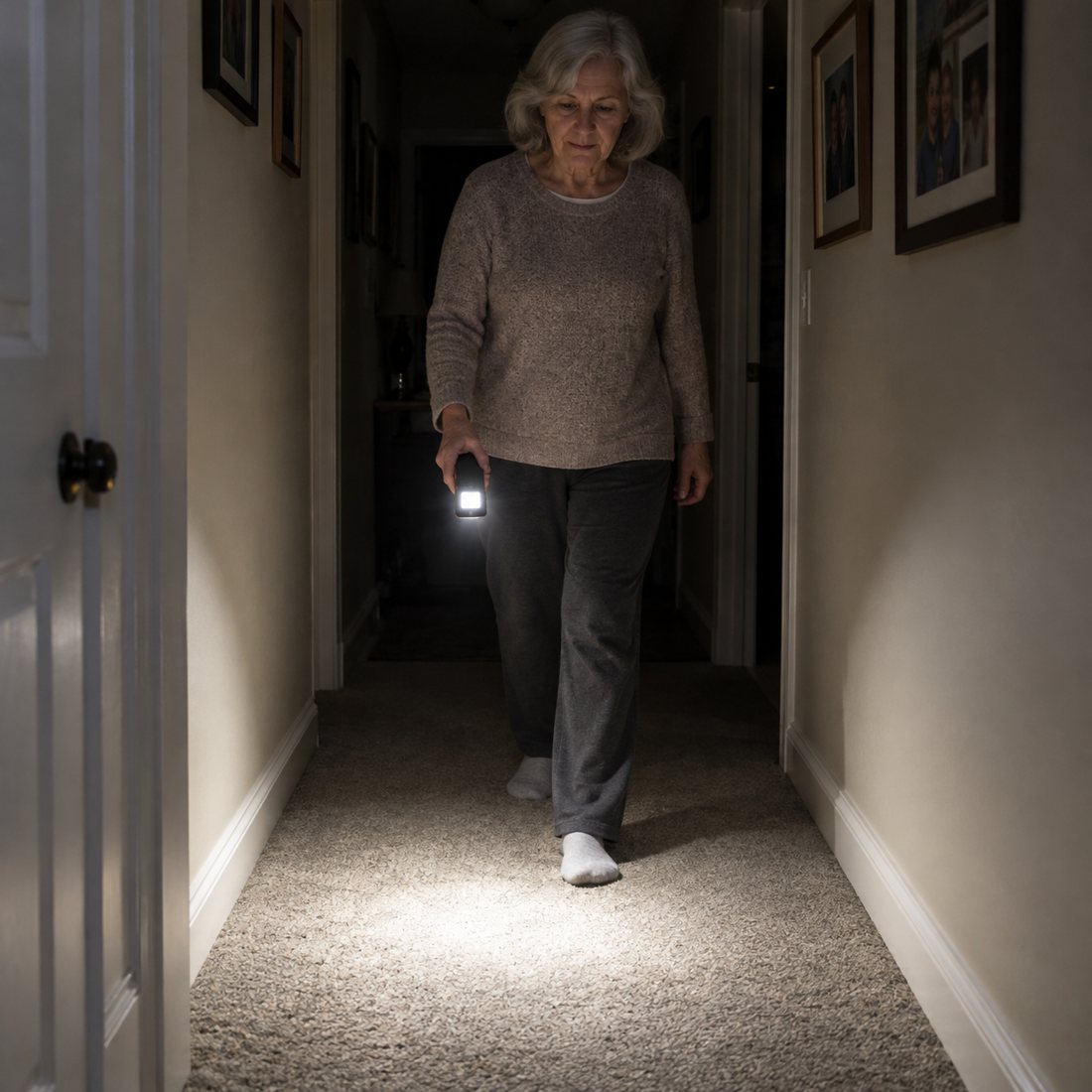 LED-E: woman walking toward the camera, lit back facing forward
