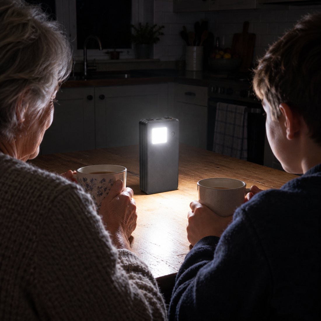 LED-F: unit standing on the kitchen table, lit back facing grandmother and boy